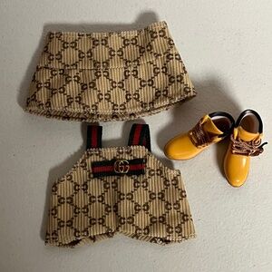 Designer Overalls Sneakers Bucket Hat 3 Piece Outfit For Labubu Tan Red Green